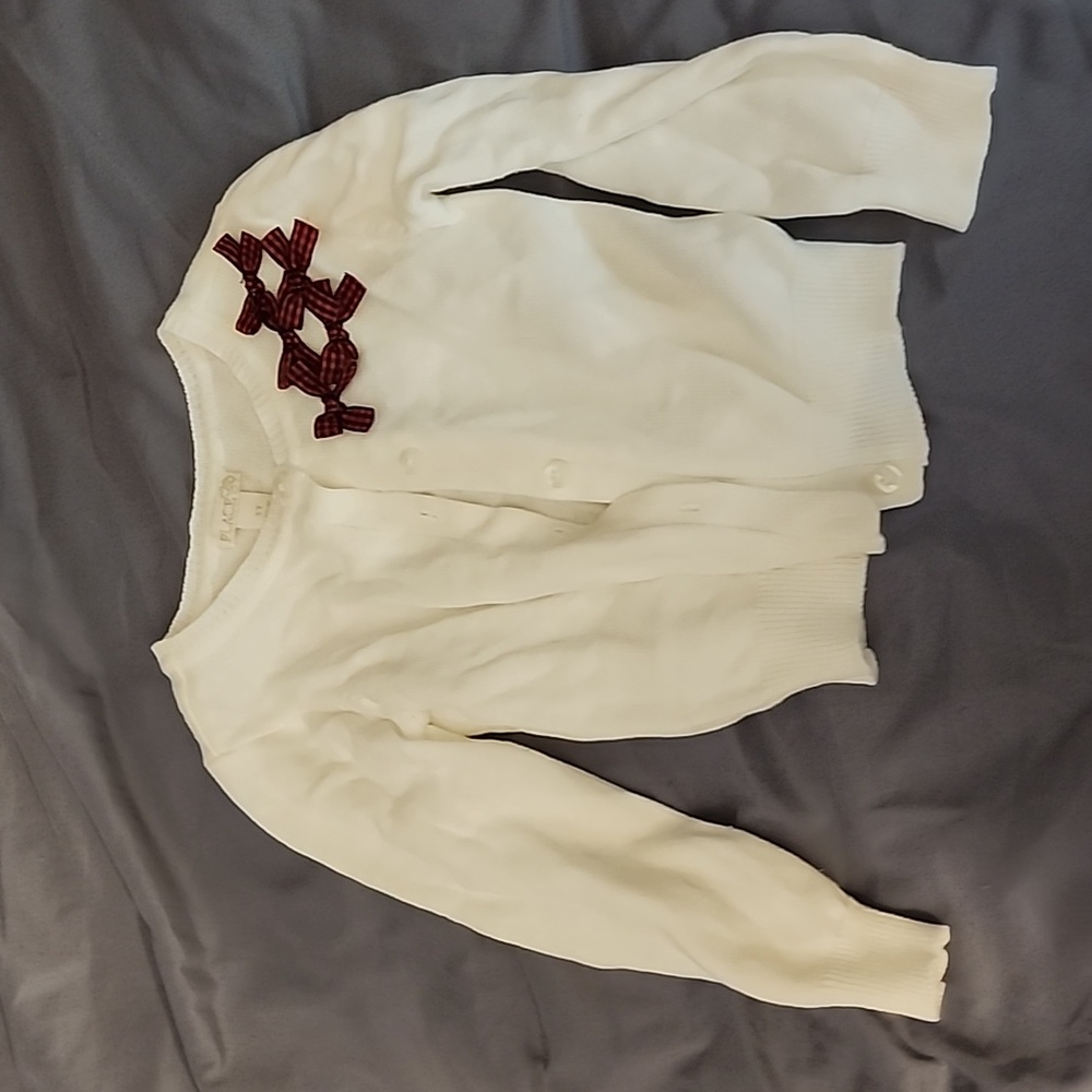 3T white cardigan with black & red gingham bows
